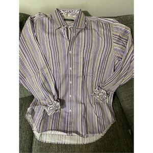 Bugatchi Striped Long Sleeve Button Up Dress Shirt Purple & Gold XL Mens